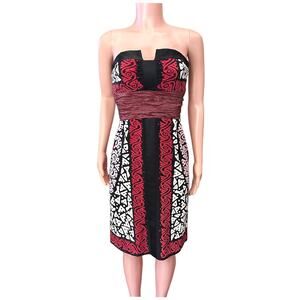 Nicole Miller Red Black White Dress Size 8, Strapless, Silk Blend, Geometric
